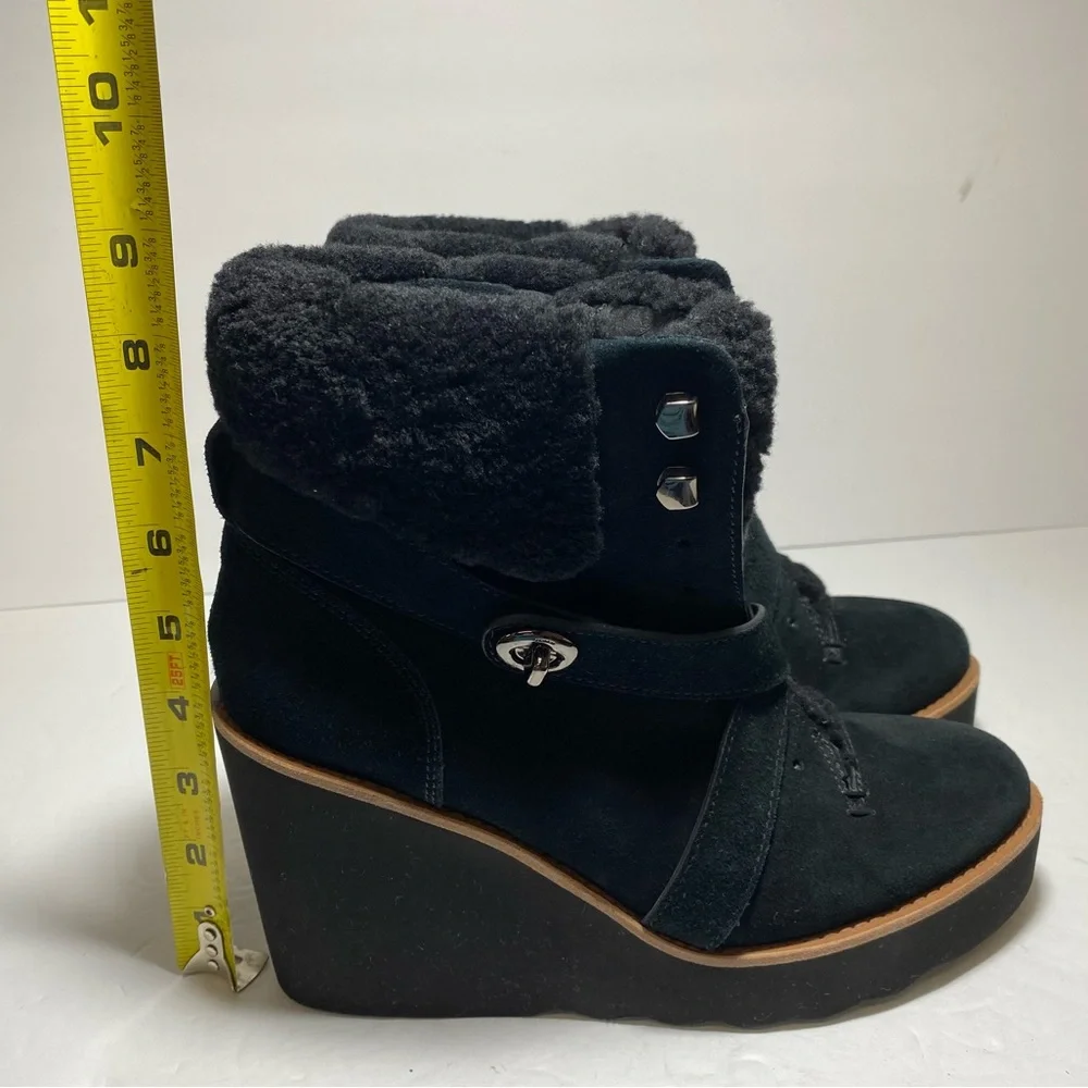Coach Kenna Shearling Suede Black Leather  Wedge Booties Ankle Boots Size 7.5